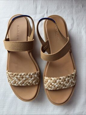 Rothy's Tan Braided-Strap Slingback Sandals with Blue Heel Detail